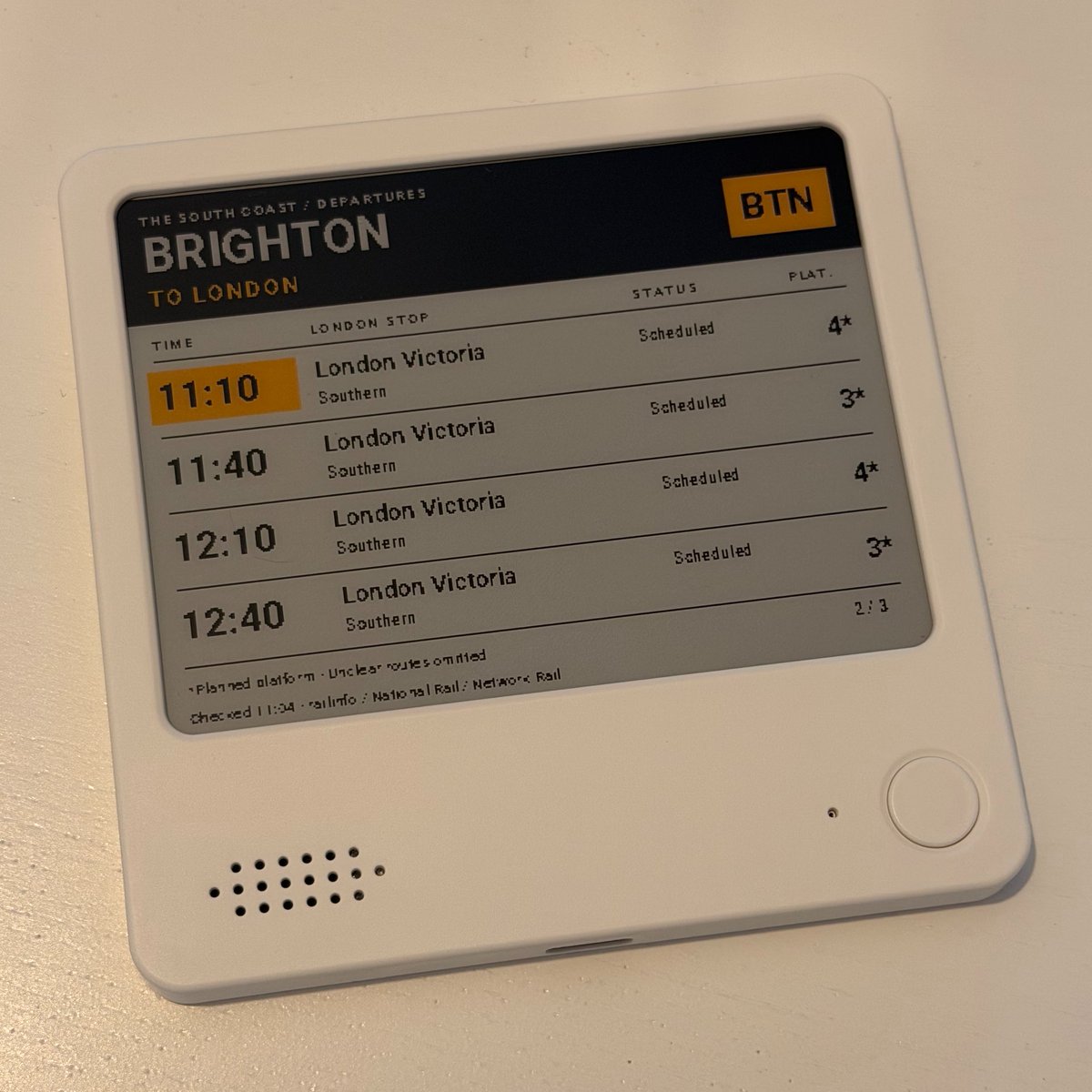 Train departures from Brighton to London, updated every 15 minutes through his Cloudflare Worker.