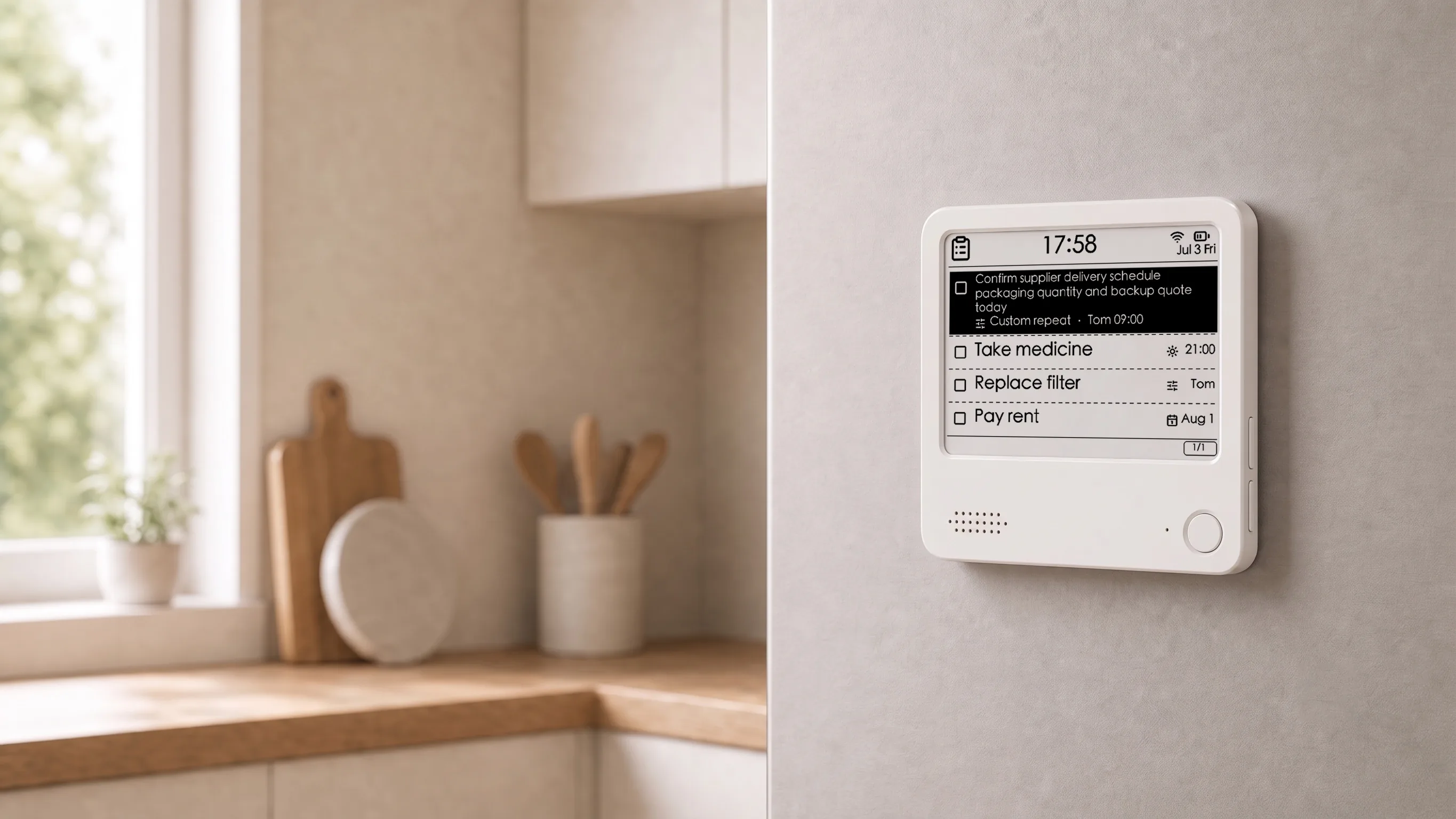 A white ZECTRIX NOTE4 mounted on a modern kitchen wall, displaying a task list