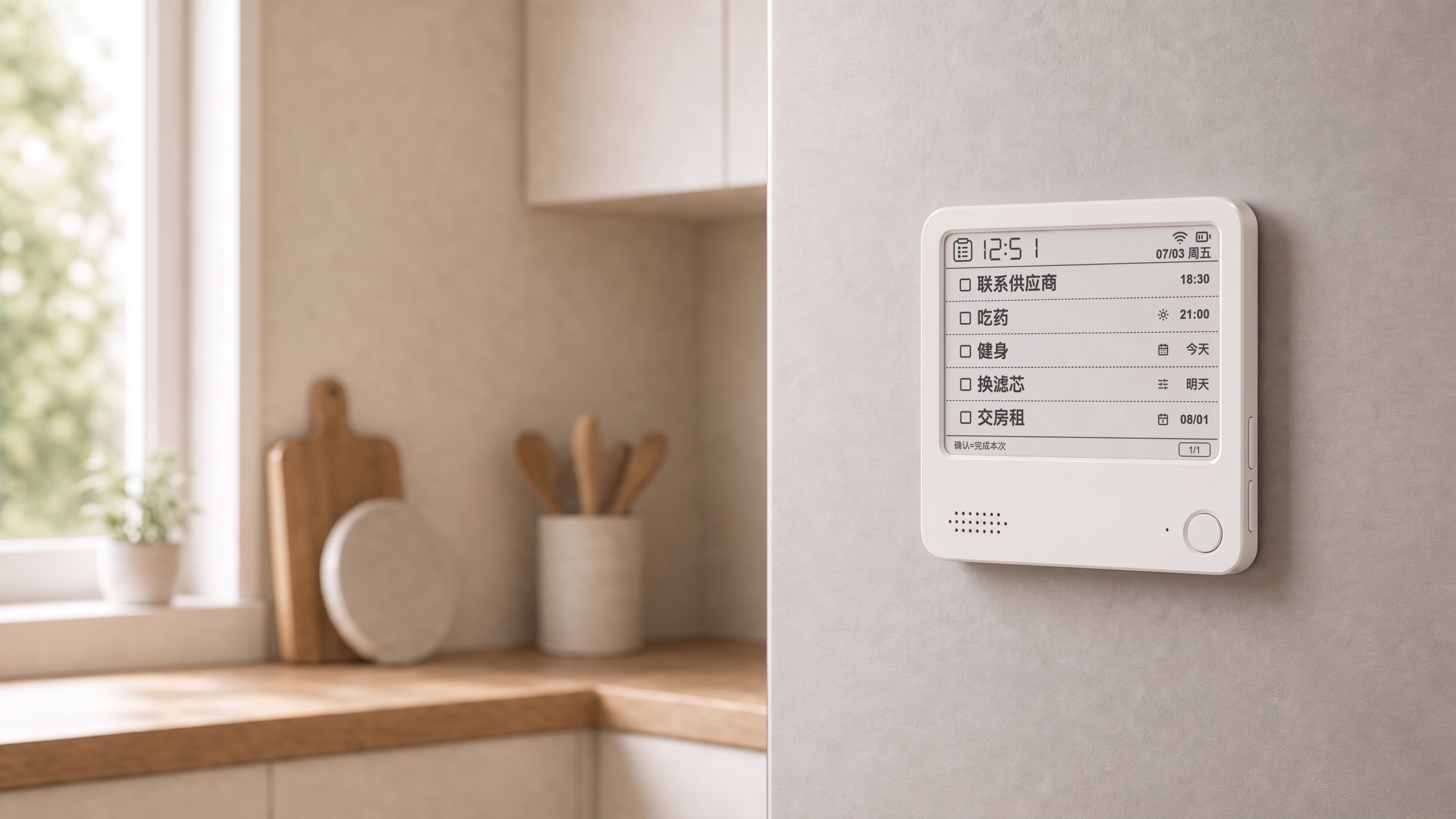 白色 ZECTRIX NOTE4 磁吸在现代家庭厨房墙面，屏幕显示待办清单