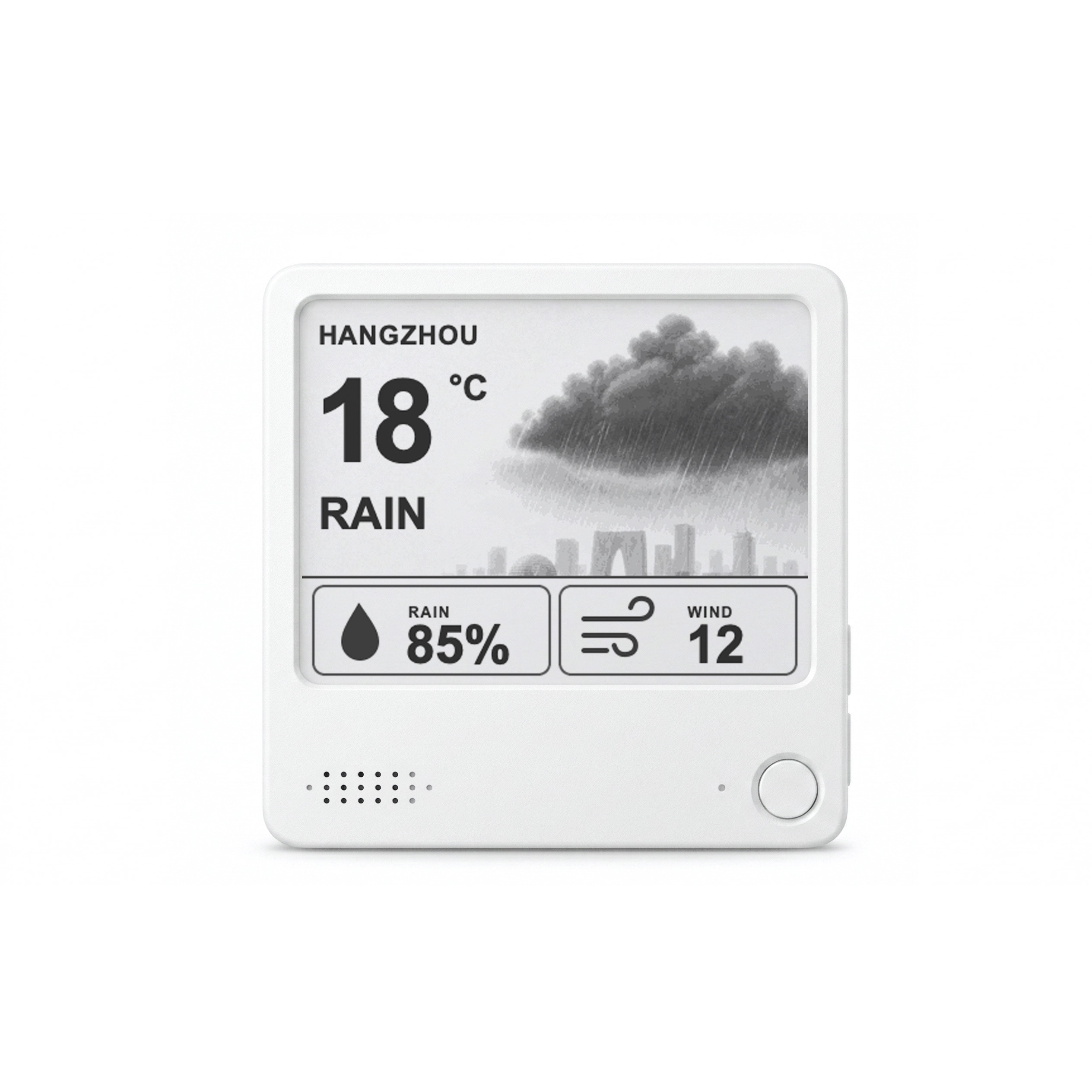 White ZECTRIX NOTE4 Devkit showing a 16-level grayscale rainy-weather display