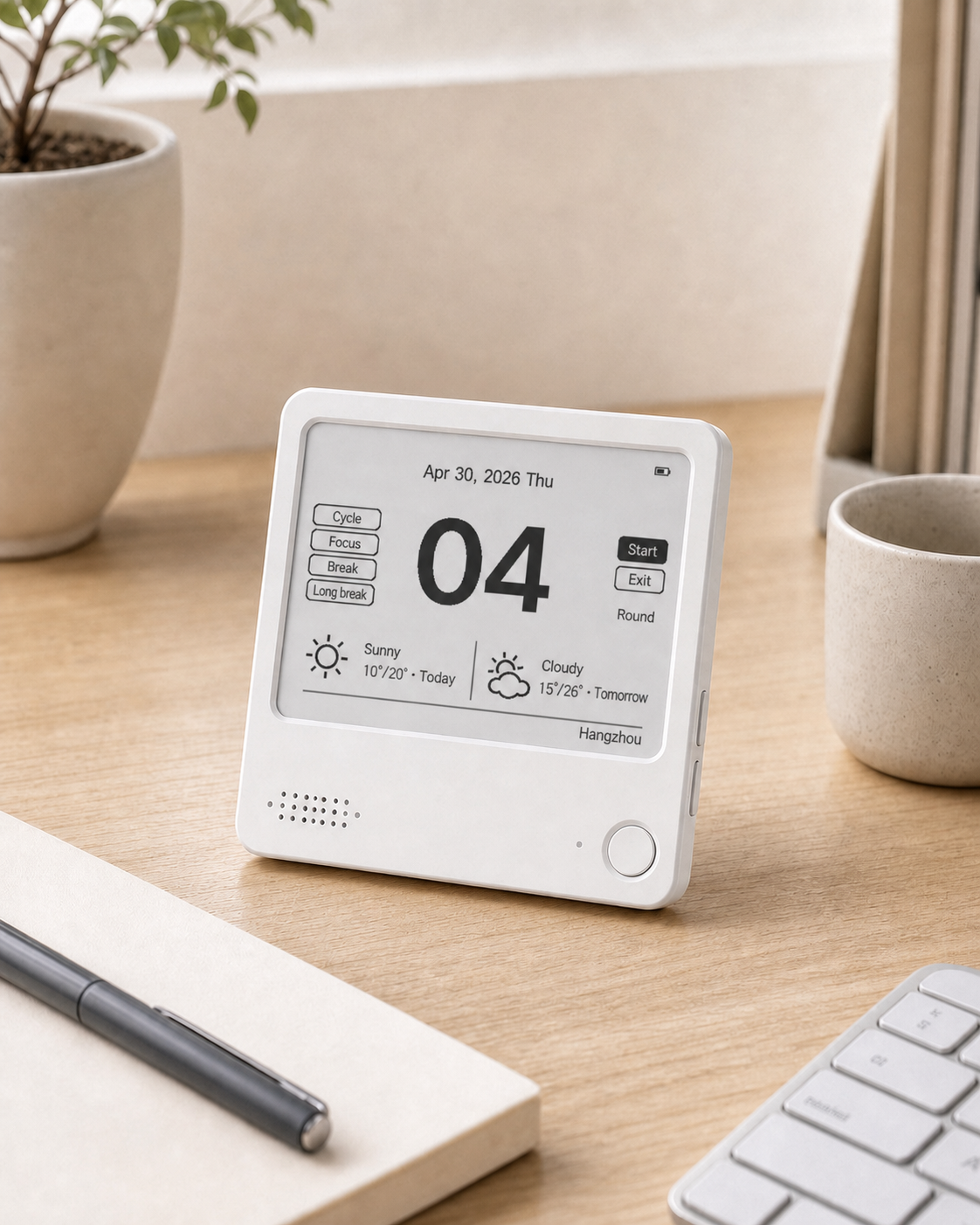 A white ZECTRIX NOTE4 on a light wood desk, displaying a focus timer and weather information