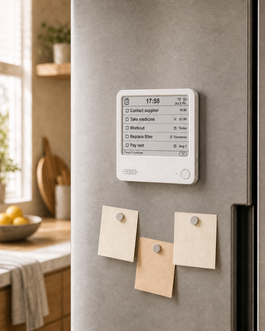 A white ZECTRIX NOTE4 mounted on a fridge, displaying an English household task list