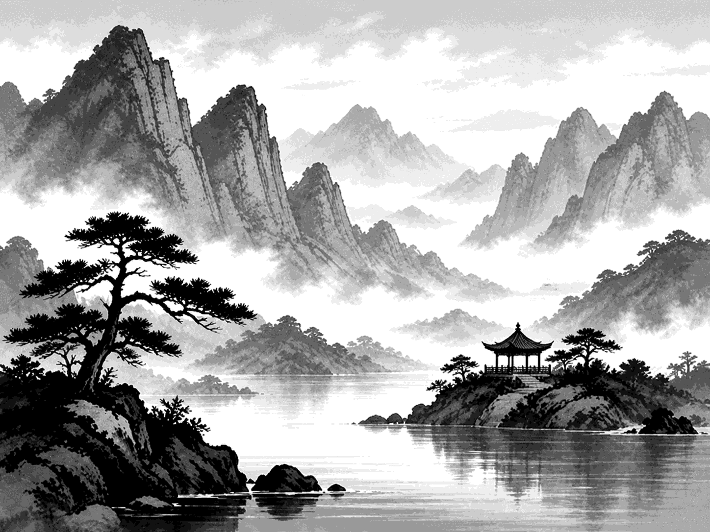 Redrawn NOTE4 EPD Demo screen showing a sixteen-level grayscale ink-wash mountain landscape