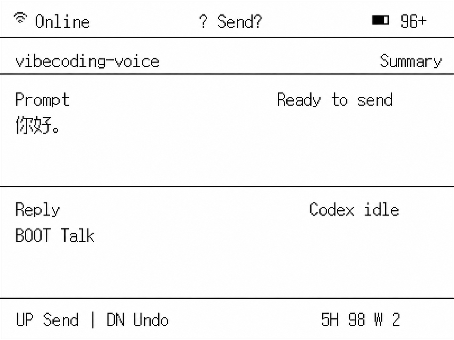 Redrawn vibecoding-voice black-on-white Codex control screen