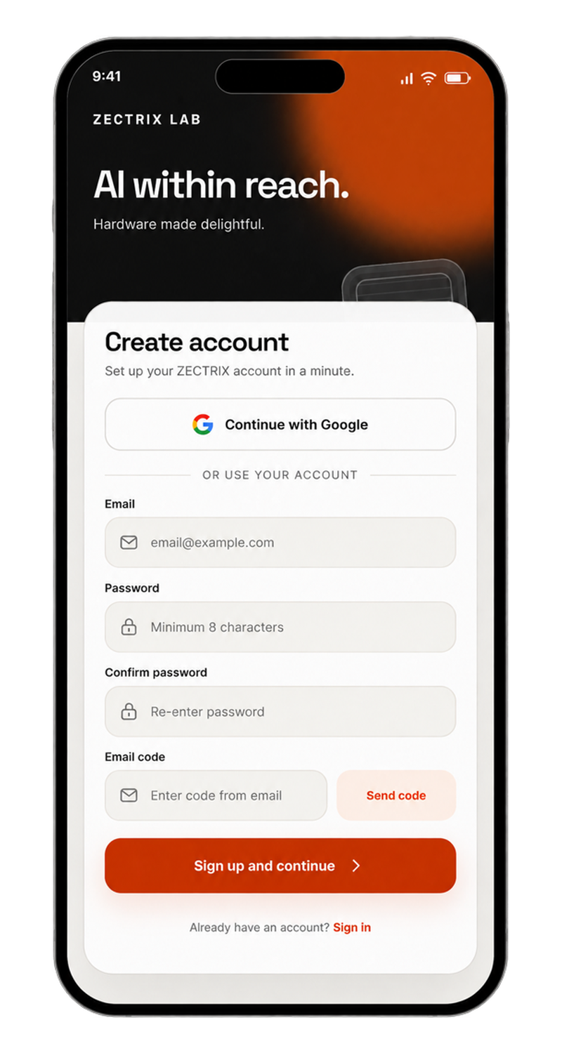 ZECTRIX Android app account creation screen