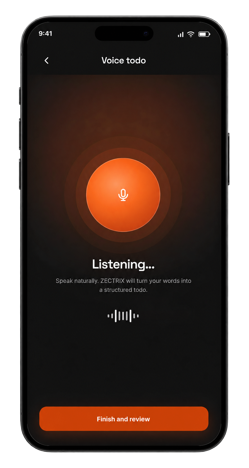 ZECTRIX Android app listening while creating a voice todo